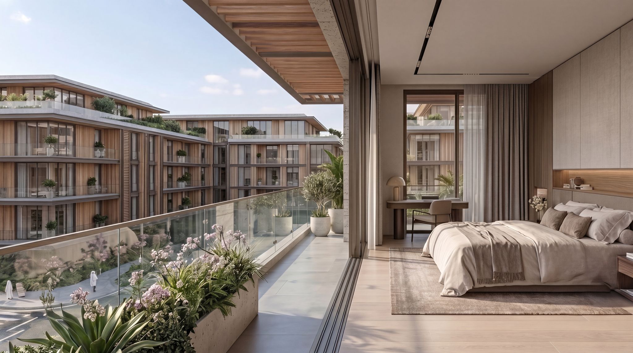 Padel Living Residences — bedroom with balcony overlooking Amaya masterplan